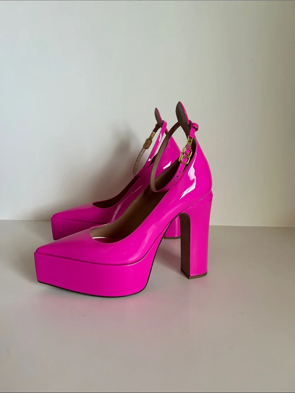 Valentino Hot Pink Patent Leather Platform Pumps with Ankle Strap